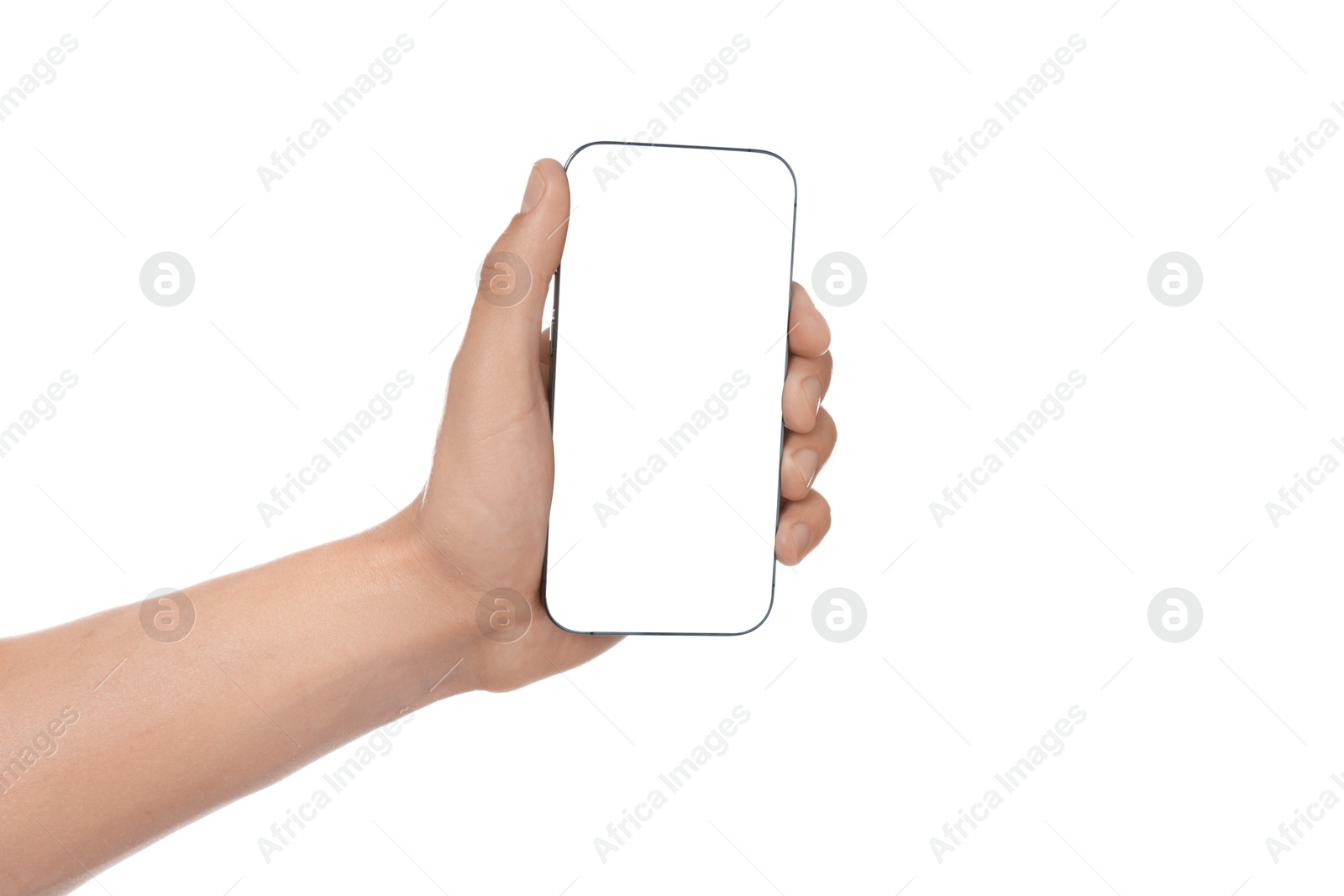 Man with modern smartphone on white background, closeup. Mockup for design Photo of Man with modern smartphone on white background, closeup. Mockup for design