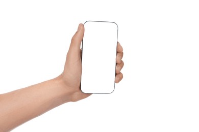 Photo of Man with modern smartphone on white background, closeup. Mockup for design