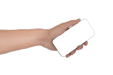 Photo of Man with modern smartphone on white background, closeup. Mockup for design