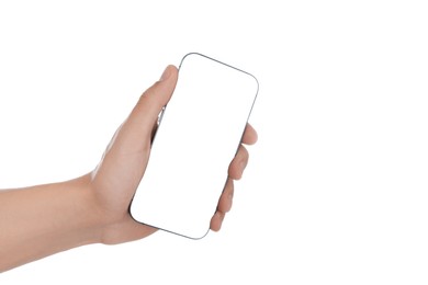 Photo of Man with modern smartphone on white background, closeup. Mockup for design
