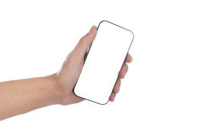 Photo of Man with modern smartphone on white background, closeup. Mockup for design