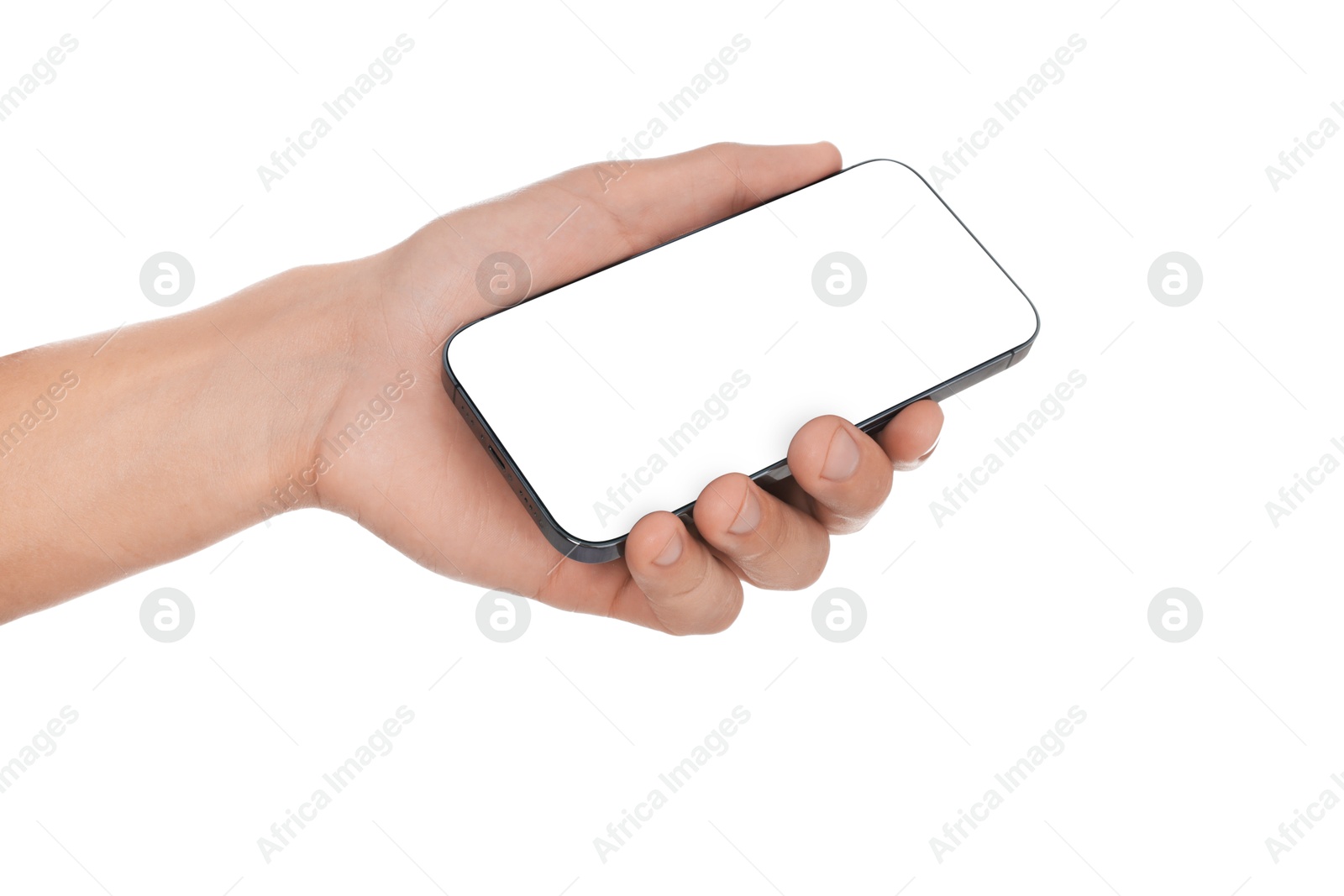 Man with modern smartphone on white background, closeup. Mockup for design Photo of Man with modern smartphone on white background, closeup. Mockup for design