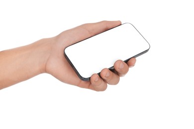 Photo of Man with modern smartphone on white background, closeup. Mockup for design