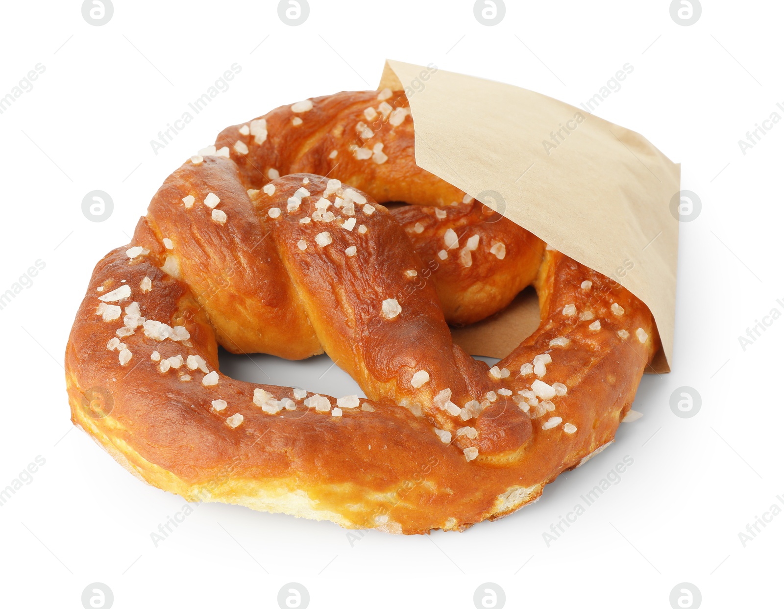 Tasty pretzel with salt in paper package isolated on white Photo of Tasty pretzel with salt in paper package isolated on white