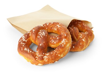 Photo of Tasty pretzels with salt isolated on white
