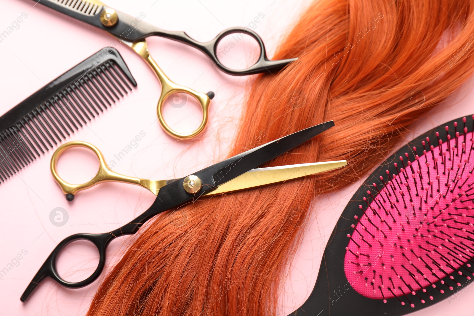 Hair strand and hairdresser's tools on light pink background, flat lay Photo of Hair strand and hairdresser's tools on light pink background, flat lay