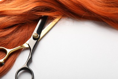 Photo of Hair strand and scissors on light background, closeup. Space for text