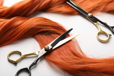 Photo of Hair strand and scissors on light background, closeup