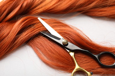 Photo of Hair strand and scissors on light background, closeup