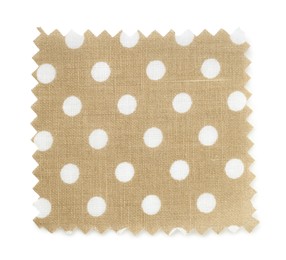 Photo of Sample of beige fabric with polka dot pattern isolated on white, top view