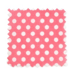 Photo of Sample of light pink fabric with polka dot pattern isolated on white, top view