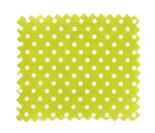 Photo of Sample of light green fabric with polka dot pattern isolated on white, top view