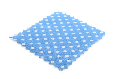 Photo of Sample of light blue fabric with polka dot isolated on white