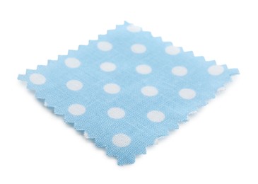 Photo of Sample of light blue fabric with polka dot isolated on white