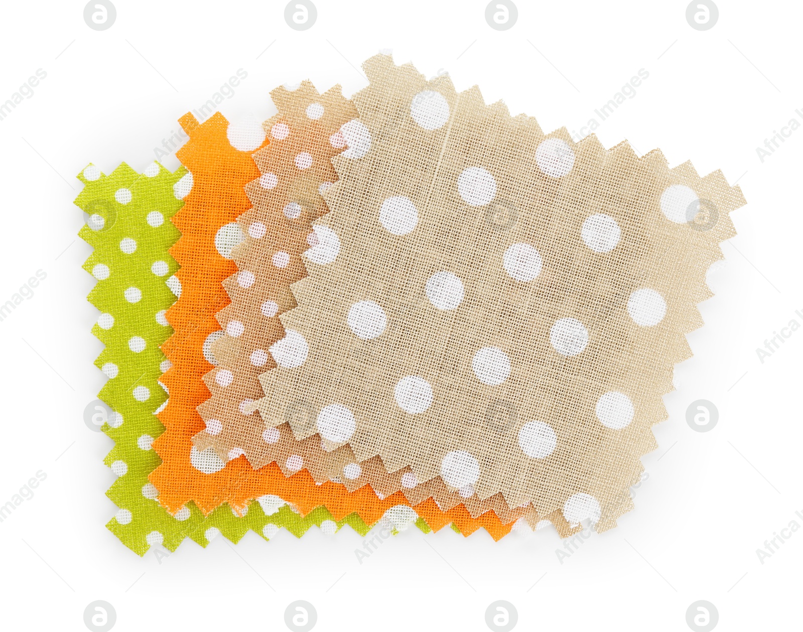 Samples of fabrics with polka dot pattern isolated on white, top view Photo of Samples of fabrics with polka dot pattern isolated on white, top view