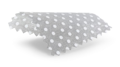 Photo of Sample of grey fabric with polka dot isolated on white