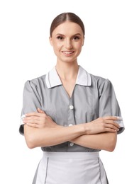 Photo of Portrait of smiling chambermaid on white background