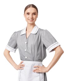 Photo of Portrait of smiling chambermaid on white background