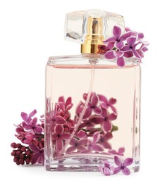 Photo of Bottle of luxury perfume and lilac flowers isolated on white