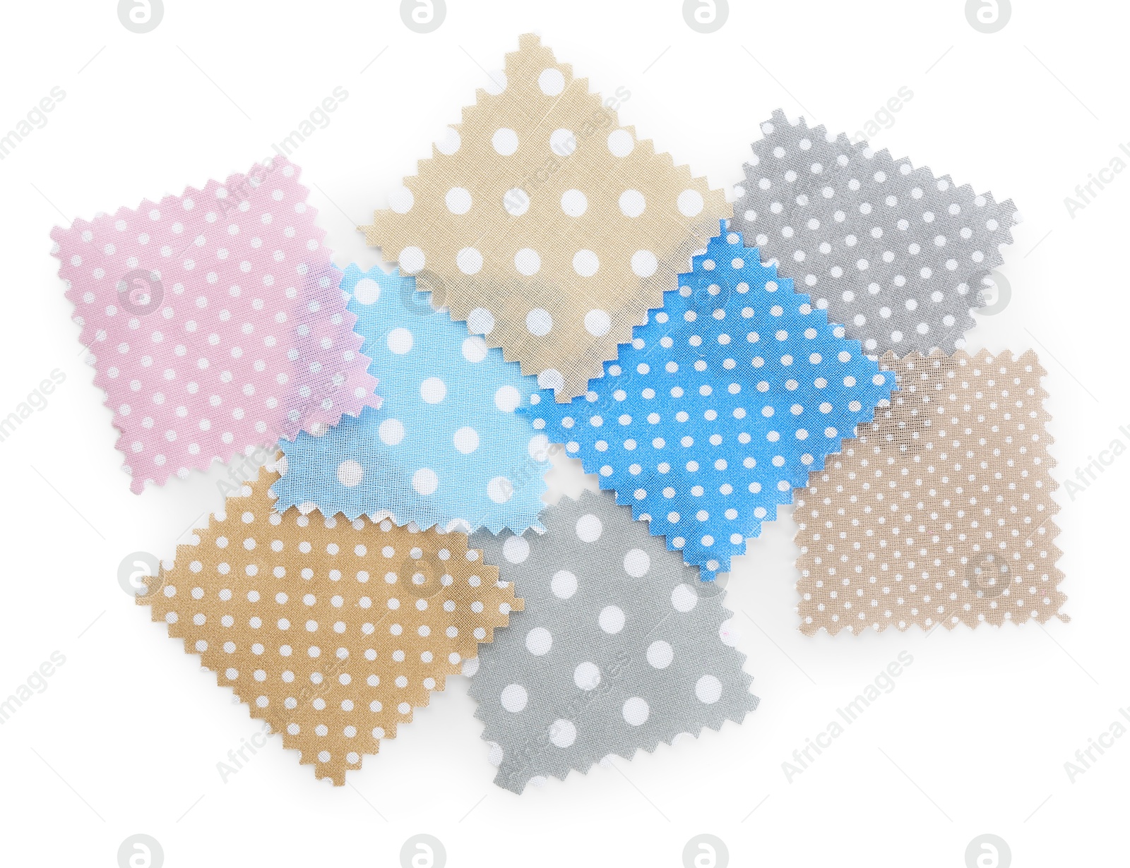 Samples of fabrics with polka dot pattern isolated on white, top view Photo of Samples of fabrics with polka dot pattern isolated on white, top view