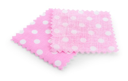 Photo of Samples of fabrics with polka dot pattern isolated on white