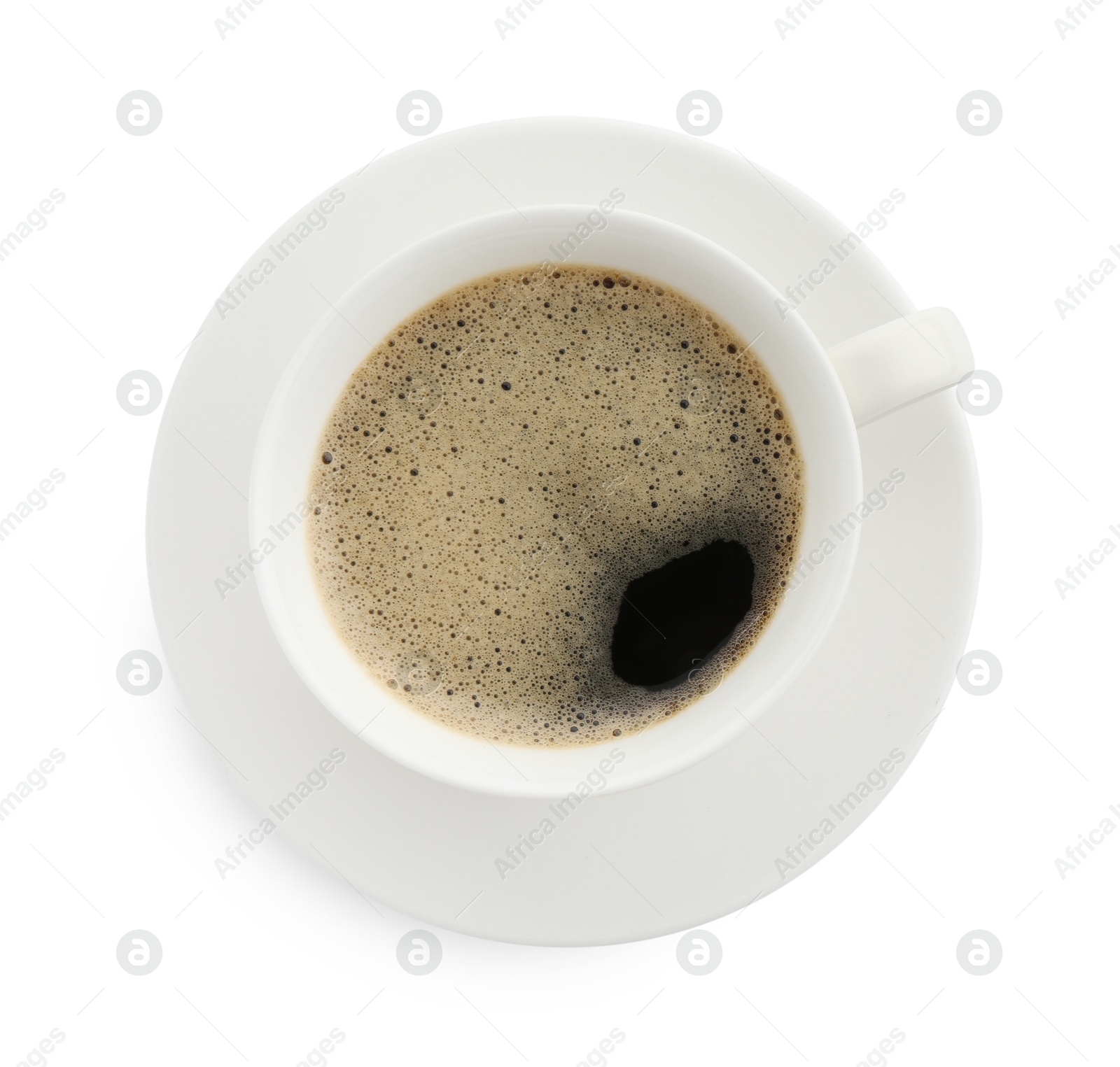 Aromatic coffee in cup isolated on white, top view Photo of Aromatic coffee in cup isolated on white, top view