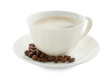 Photo of Aromatic coffee in cup and beans isolated on white