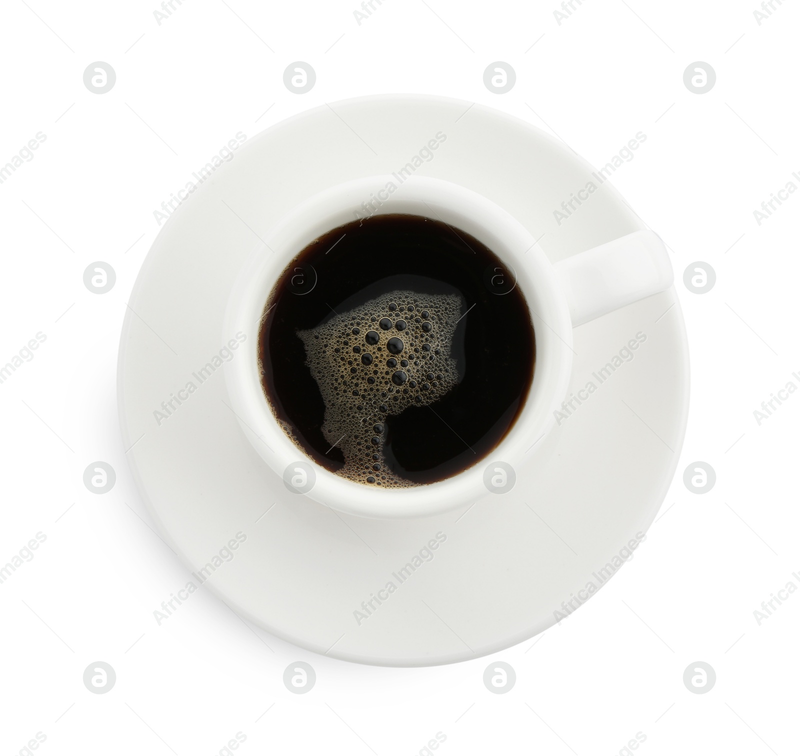 Aromatic coffee in cup isolated on white, top view Photo of Aromatic coffee in cup isolated on white, top view