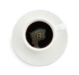 Photo of Aromatic coffee in cup isolated on white, top view