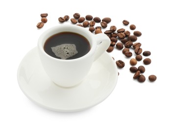 Photo of Aromatic coffee in cup and beans isolated on white