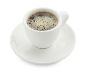 Photo of Aromatic coffee in cup isolated on white