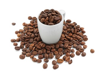 Photo of Aromatic coffee beans and cup isolated on white