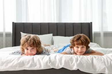 Photo of Cute little brothers laying on bed at home. Space for text