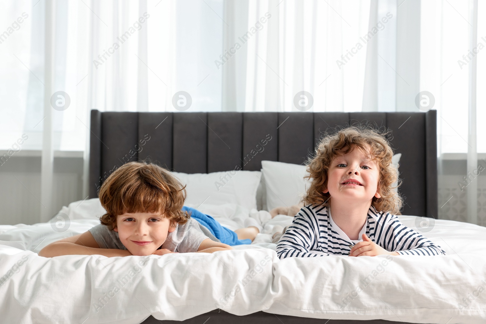 Cute little brothers laying on bed at home. Space for text Photo of Cute little brothers laying on bed at home. Space for text