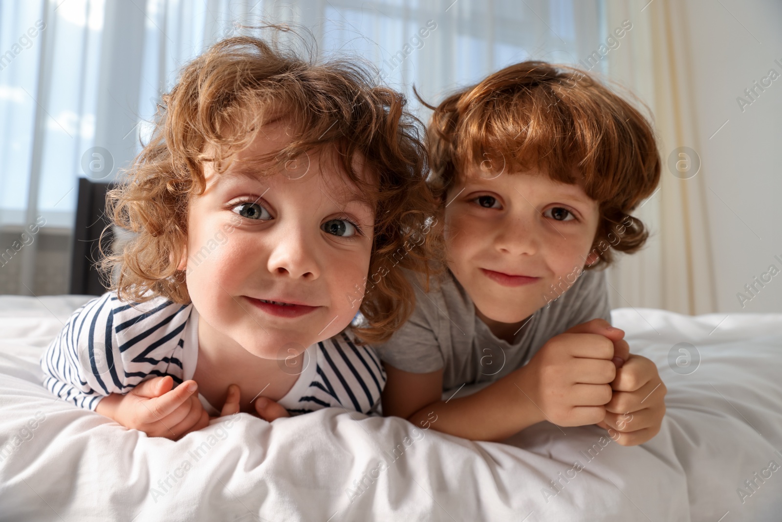 Cute little brothers laying on bed at home, wide angle Photo of Cute little brothers laying on bed at home, wide angle