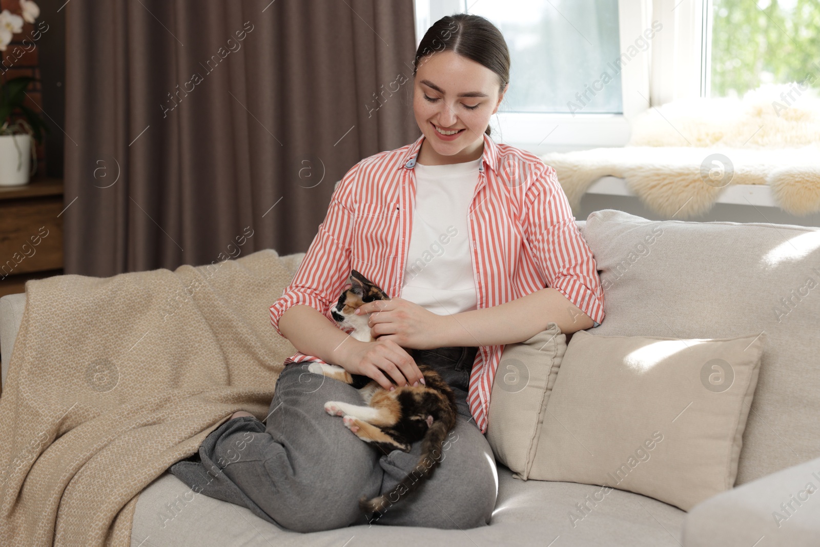 Woman with her cute calico kitten of sofa at home Photo of Woman with her cute calico kitten of sofa at home