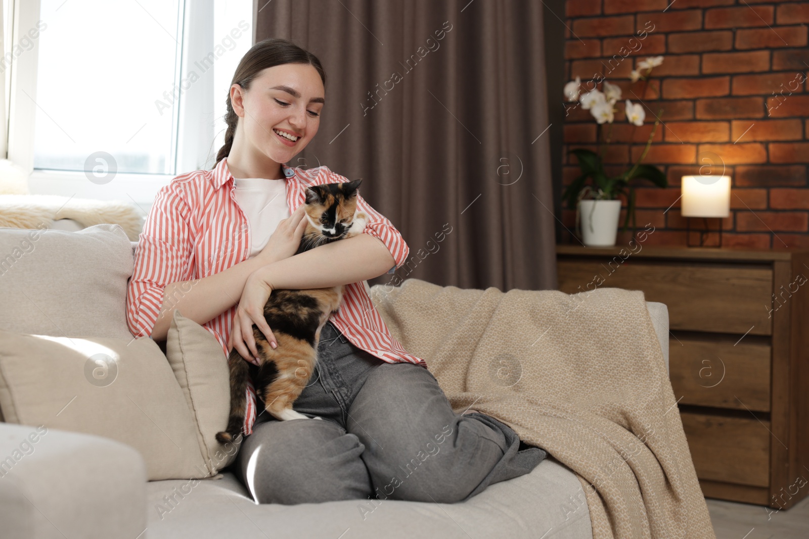 Woman with her cute calico kitten of sofa at home Photo of Woman with her cute calico kitten of sofa at home