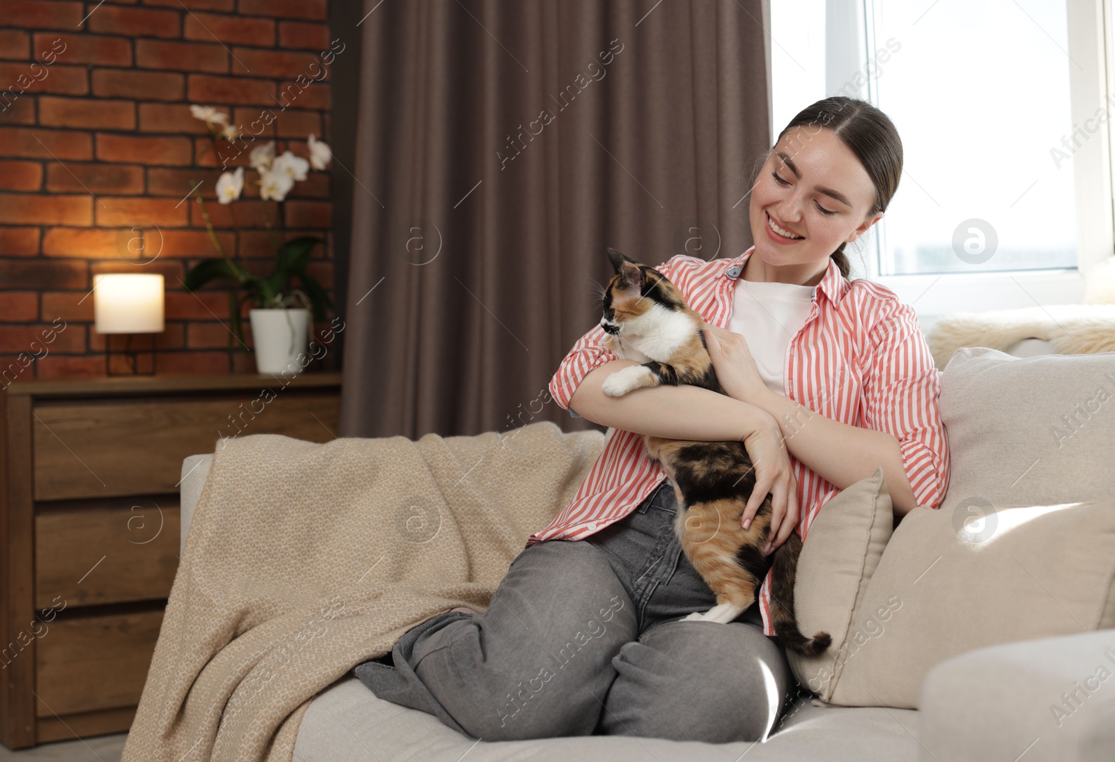 Woman with her cute calico kitten of sofa at home Photo of Woman with her cute calico kitten of sofa at home