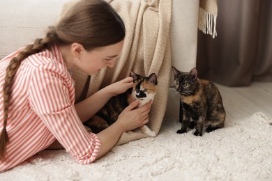 Photo of Woman with her cute calico kittens on floor at home
