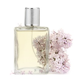 Photo of Bottle of luxury perfume and lilac flowers isolated on white