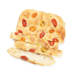 Photo of Cut delicious focaccia with tomatoes isolated on white, top view