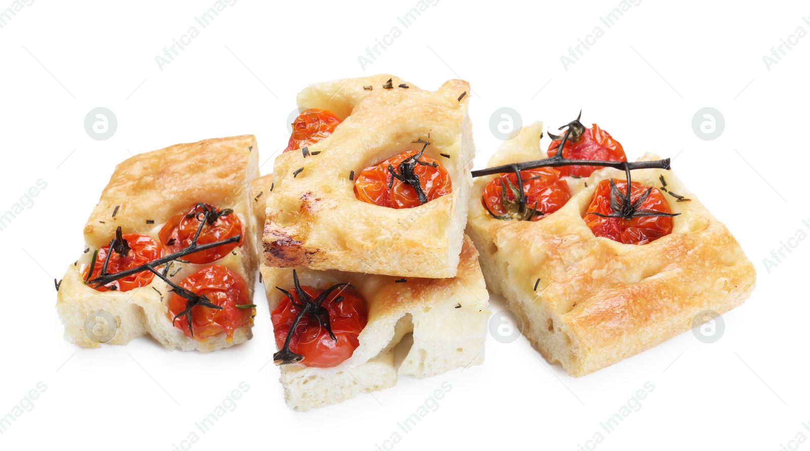 Pieces of delicious focaccia with tomatoes and spices isolated on white Photo of Pieces of delicious focaccia with tomatoes and spices isolated on white