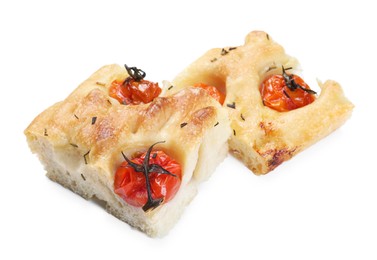 Photo of Pieces of delicious focaccia with tomatoes and spices isolated on white