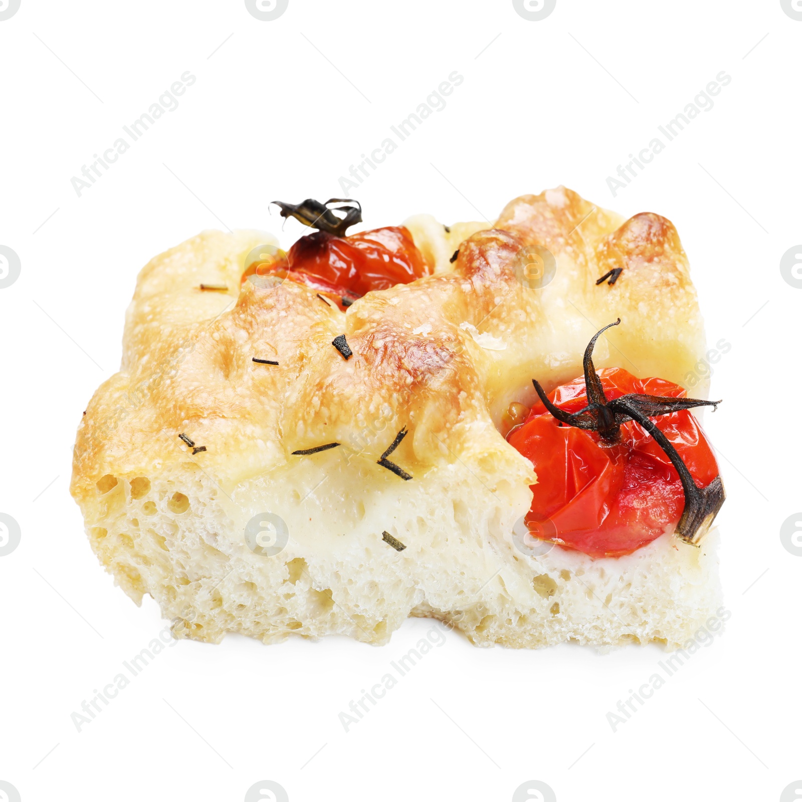 Piece of delicious focaccia with tomatoes and spices isolated on white Photo of Piece of delicious focaccia with tomatoes and spices isolated on white