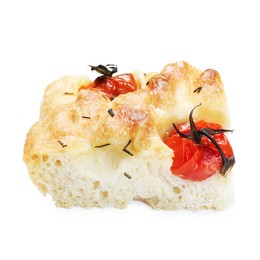 Photo of Piece of delicious focaccia with tomatoes and spices isolated on white