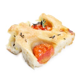 Photo of Piece of delicious focaccia with tomatoes and spices isolated on white