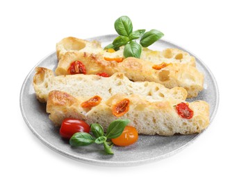 Photo of Pieces of delicious focaccia with tomatoes and basil isolated on white