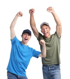 Photo of Portrait of emotional sports fans on white background