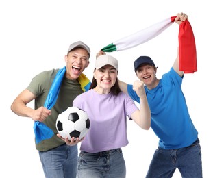 Photo of Emotional sports fans with flags and soccer ball on white background