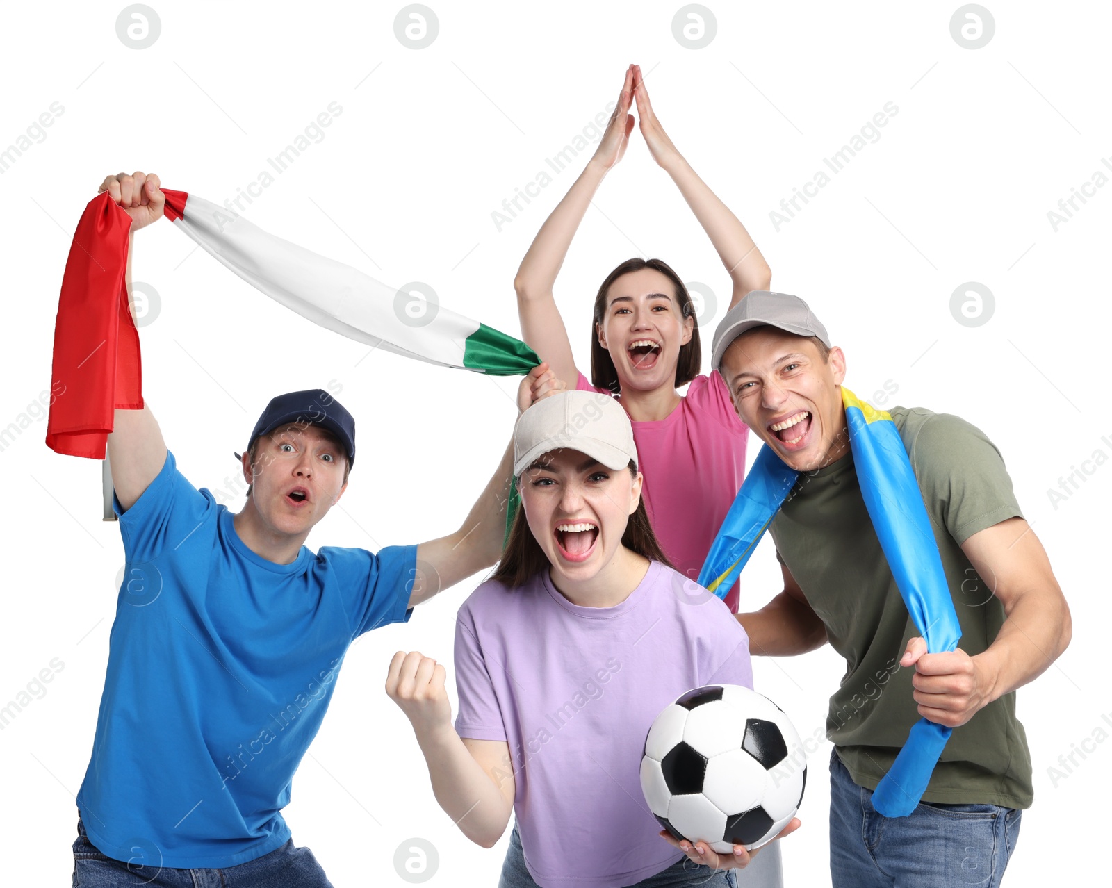 Emotional sports fans with flags and soccer ball on white background Photo of Emotional sports fans with flags and soccer ball on white background